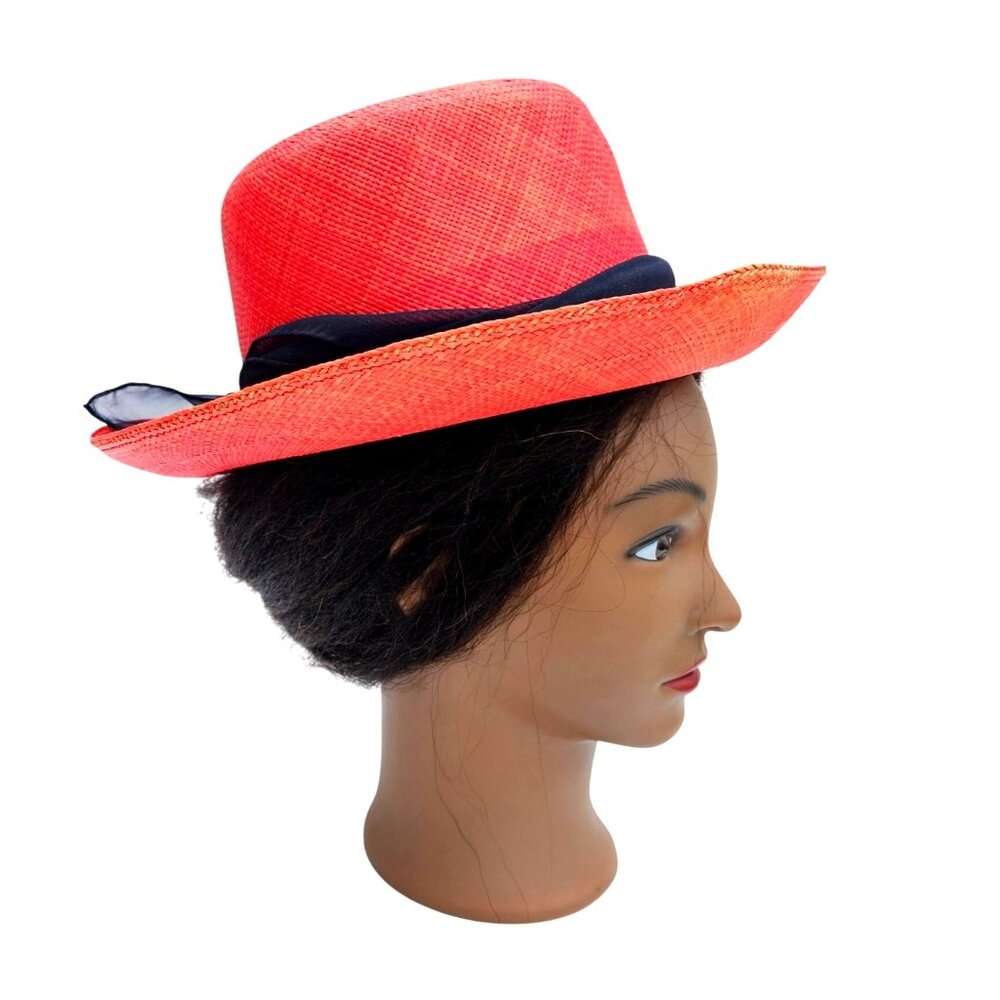 Vintage Red Straw Hat by Saks Fifth Avenue Union Label USA 22.5" Medium - Picture 4 of 16